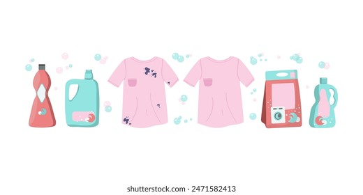 Un juego de detergentes para lavar en la lavadora. Ropa limpia y sucia, camiseta. Productos de lavado y limpieza domésticos. Envases y botellas. Ilustración vectorial.