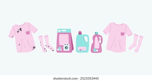 Set detergents for washing in the washing machine. Clean and dirty clothes, T-shirt and socks. Clothes with dirt stains and washed.  Household detergents and cleaning products. Packages and bottles. 