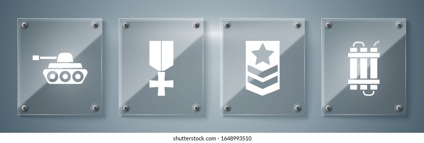 Juego de armas dinamitas de Detonate, Chevron , Medalla de recompensa militar y tanque militar . Paneles de vidrio cuadrado. Vector