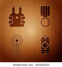 Set Detonate dynamite bomb stick and timer clock, Bulletproof vest for protection from bullets , Radar  and Military reward medal  on wooden background. Vector