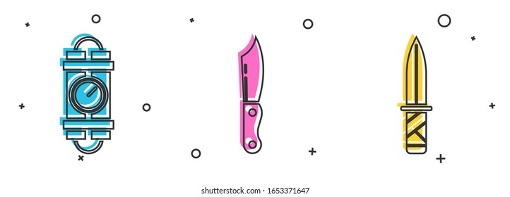 Ponga el reloj de reloj con dinamita de la bomba y el reloj del temporizador, cuchillo militar e icono de cuchillo militar. Vector