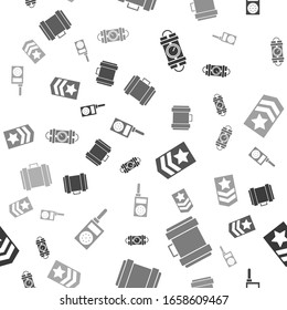Set Detonate dynamite bomb stick and timer clock, Military ammunition box, Chevron  and Walkie talkie  on seamless pattern. Vector