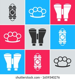 Ponga el reloj de cronómetro y la barra dinamita de Detonate, las manguetas de bronce y el icono de los binoculares. Vector