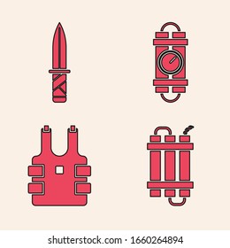 Detonate-Dynamitbombenstab, Militärmesser , Zünder-Dynamitbombe-Stick und Timer-Uhr und kugelsichere Weste zum Schutz vor Kugeln-Ikone. Vektorillustration