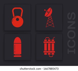 Set Detonate dynamite bomb stick, Kettlebell , Radar  and Bullet  icon. Vector