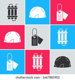 Set Detonate dynamite bomb stick, Military helmet  and Military dog tag  icon. Vector