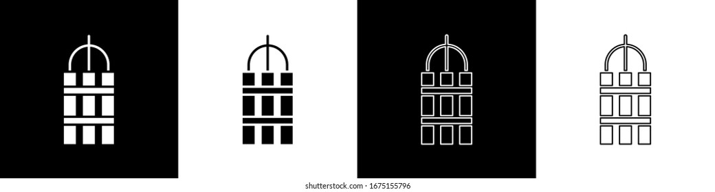 Set Detonate dynamite bomb stick and timer clock icon isolated on black and white background. Time bomb - explosion danger concept.  Vector Illustration