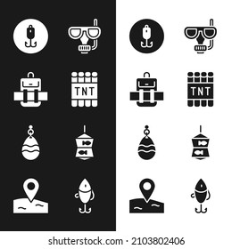 Set Detonate dynamite bomb stick, Hiking backpack, Fishing hook, Diving mask and snorkel, spoon, net with fish, lure and Location fishing icon. Vector