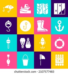 Establezca el icono Detonate dinamita con bomba, Lifebuoy, Anchor, Mapa doblado, Cojín de pesca, Escala de primavera, Icono de señuelo y botas. Vector