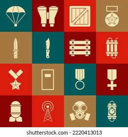 Set Detonate Dynamite Bombe-Stick und Timer-Uhr, Militärische Belohnungsmedaille, Munition Box, Messer, Parachute und Icon. Vektorgrafik