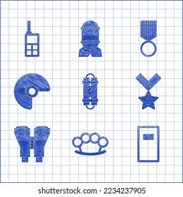 Set Detonate dynamite bomb stick and timer clock, Brass knuckles, Police assault shield, Military reward medal, Binoculars, helmet, and Walkie talkie icon. Vector