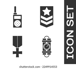 Set Detonate dynamite bomb stick and timer clock, Walkie talkie , Military reward medal  and Chevron  icon. Vector