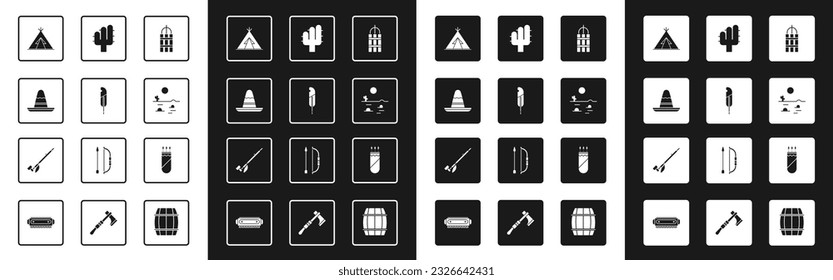 Set Detonate Dynamit-Bombe-Stock, Feather Stift, mexikanischer Sombrero-Hut, indischer Tepee oder Wigwam, Wüstenlandschaft mit Kakteen, Kakteen, Quiver-Pfeile und Indianerpfeifen-Ikone. Vektorgrafik