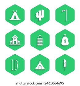 Set Detonate dynamite bomb stick, Indian teepee or wigwam, Feather pen, Money bag, Bow and arrow in quiver, Church building, Tomahawk axe and  icon. Vector