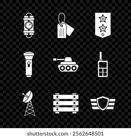 Set Detonate dynamite bomb stick and timer clock, Military dog tag, Chevron, Radar, ammunition box, reward medal, Flashlight and tank icon. Vector