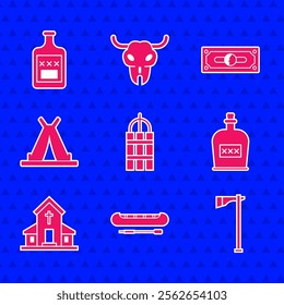 Set Detonate dynamite bomb stick, Kayak or canoe and paddle, Tomahawk axe, Alcohol drink Rum bottle, Church building, Indian teepee wigwam, Stacks paper money cash and Whiskey icon. Vector