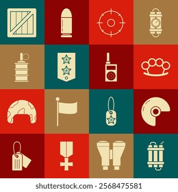 Set Detonate dynamite bomb stick, Military helmet, Brass knuckles, Target sport for shooting competition, Chevron, Hand grenade, ammunition box and Walkie talkie icon. Vector