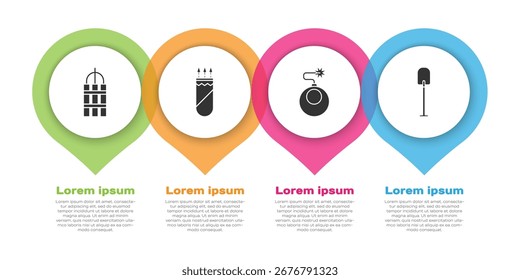 Conjunto Detonate bomba de dinamita palo, Carcaj con flechas, Bomba lista para explotar y Pala. Plantilla de infografía de negocios. Vector