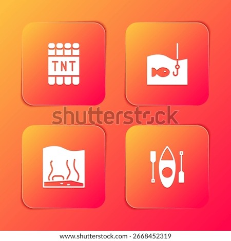 Set Detonate dynamite bomb stick, Fishing hook with fish, Aquarium and Kayak or canoe icon. Vector