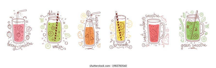 Set of detox drinks, fruit smoothies, organic lemonades in glass bottles, jars and jugs with straws. Refreshing summer homemade beverages. Colored flat vector illustration isolated on white background