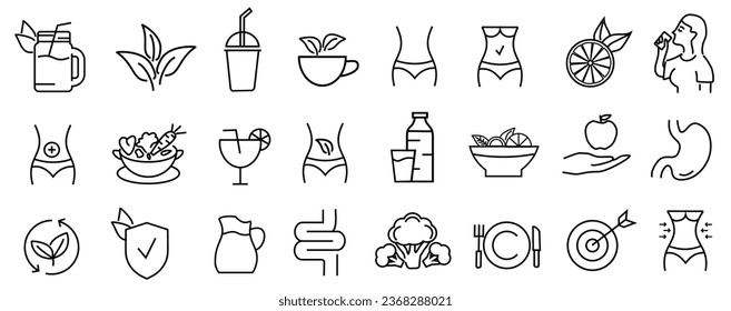 conjunto de ilustración vectorial de iconos Detox. contienen, como, por ejemplo, dieta por íconos, hoja, agua, cuerpo, metabolismo y más. archivo modificable vectorial.