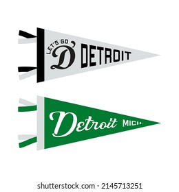 Set of Detroit City pennants. Retro colors labels.  Vintage hand drawn wanderlust style. Isolated on white background. Good for t shirt, mug, other identity. 