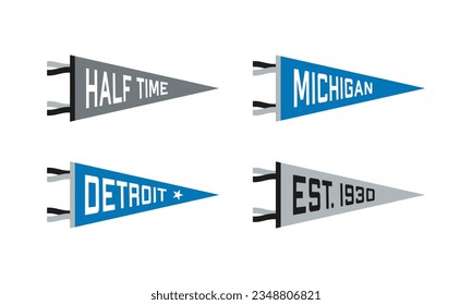 Set of Detroit football team pennants. Vintage hand drawn wanderlust style. Isolated on white background. Good for t shirt, mug, other identity. Vector illustration.