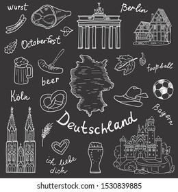 Set of Deutsch symbols,landmarks.Black background,sketch.Hand drawn set with knuckle,beer,pretzel,castle,hat,football.Hand-drawn, black and white sketch.