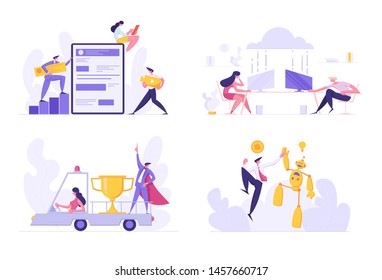 Set of Developers Create Mobile Application, People Use Cloud Storage Service, Woman Driving Lorry with Business Man in Red Super Hero Cape and Golden Cup, Robotics Ai Cartoon Flat Vector Illustration