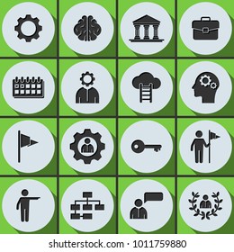 Set of development and advancement vector icons. Papercut effect pictogram.