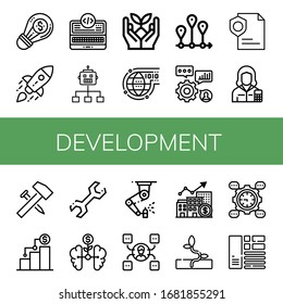 Set of development icons. Such as Creative, Startup, Programming, Flow, Sprout, Timeline, Skills, Page, Accountant, Hammer, Growth, Wrench, Machinery, Skill , development icons