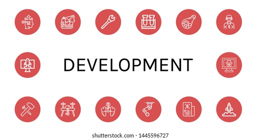 Set of development icons such as Growth, Machinery, Wrench, Test tube, Flask, Coach, Hammer, Drone, Business, Startup, Webpage , development