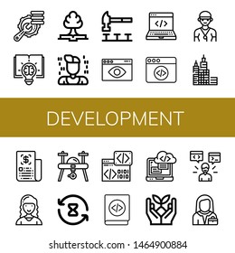 Set of development icons such as Optimization, Creative, Growth, Programmer, Hammer, Visual, Development, Web coding, Coach, Skyscraper, Business, Marketing director , development