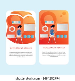 Set of Development Mobile pages template for development, mobile, shop and marketing. Modern flat design concept. Web page design for website and mobile website. Flat vector illustration. Easy edit.