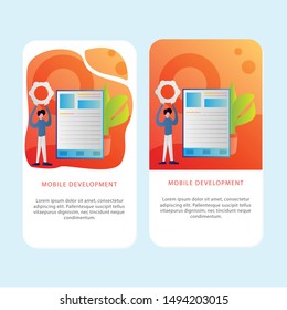 Set of Development Mobile pages template for development, mobile, shop and marketing. Modern flat design concept. Web page design for website and mobile website. Flat vector illustration. Easy edit.