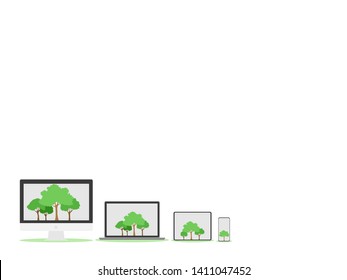 Set of device gadgets with trees on white display. Paperless go green concept 