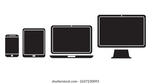 Set of device glyph icon.Laptop, Computer, Tablet and Smartphone.Vector illustration