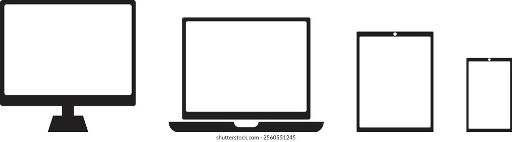 Set of Device icon collection. Smartphone, tablet, laptop and desktop computer symbol. vector Illustration. Digital devices icon. Laptop, Notebook Outline Icon Pack