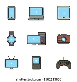 Set of device icon with filled line design such as smartphone, laptop, computer and more