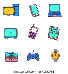 Set of device icons in colorful doodle style isolated on white background 