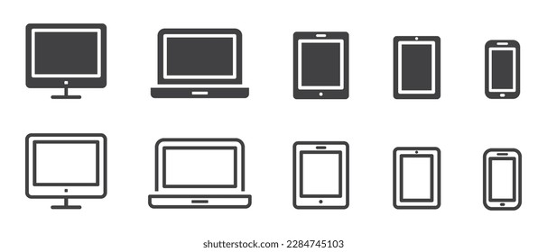 Conjunto de iconos de dispositivo. Ordenador, portátil, tablet, smartphone, monitor. Dispositivos con pantalla en blanco, vector.