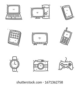 Set Of Device Icons In Cute Doodle Hand Drawn Style Such As Laptop, Computer And More Isolated On White Background 