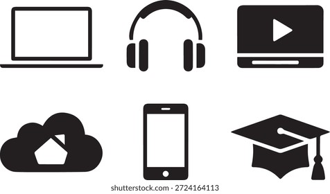 Video Conjunto de iconos de dispositivos que incluyen computadora portátil, móvil, reproductor de audio y auriculares en estilo silueta, aislados sobre un fondo blanco, perfecto para proyectos de tecnología y diseño de temática digital.