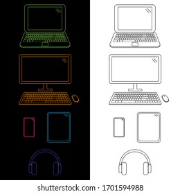 Set of device icons. Laptop. Desktop with keyboard and mouse. Smartphone. Tablet. Headset. Popular technological devices. 