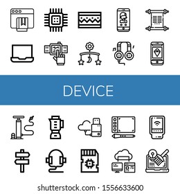 Set of device icons. Such as Ebook, Laptop, Cpu, Smartwatch, Bracelet, Mobile, Phone, Headphones, Scroll, Air pump, Signaling, Blender, Flash drive, Sd card, Graphic tablet , device icons