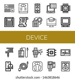 Set of device icons such as Layout, Heater, Bathroom scale, Scroll, Phone, File storage, Ebook, Screen, Cpu, Monitor, Tattoo machine, Headphone, Power bank, Data cable , device