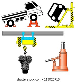 Set device for lifting a car repair. Vector illustration.
