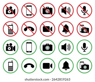 Conjunto de ícones de dispositivo e mídia com símbolos vermelhos proibidos e verdes permitidos. Inclui câmera, telefone, vídeo, microfone e ícones de alerta. Ideal para aplicativos, interface do usuário, configurações, permissões ou interfaces de aviso.