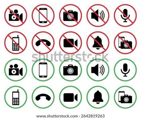 Set of device and media icons with red banned and green allowed symbols. Includes camera, phone, video, mic, and alert icons. Ideal for apps, UI, settings, permissions, or warning interfaces.