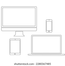 set of device mock up line art laptop tablet mac and smartphone